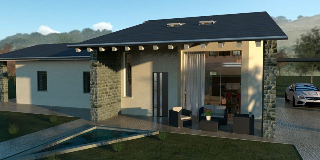 rendering esterno di una villetta con giardino