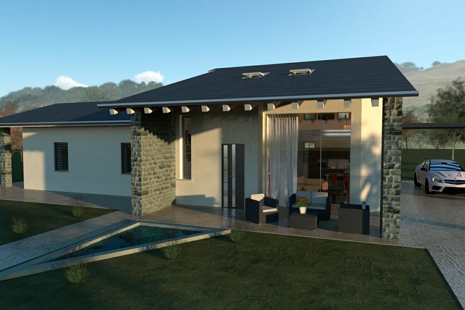 rendering esterno di una villetta con giardino