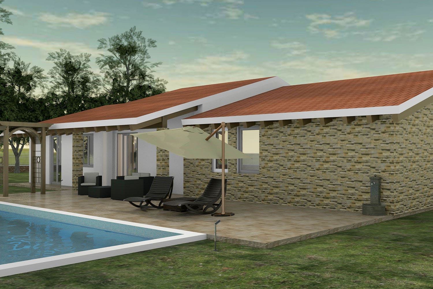 villetta con piscina rendering esterno